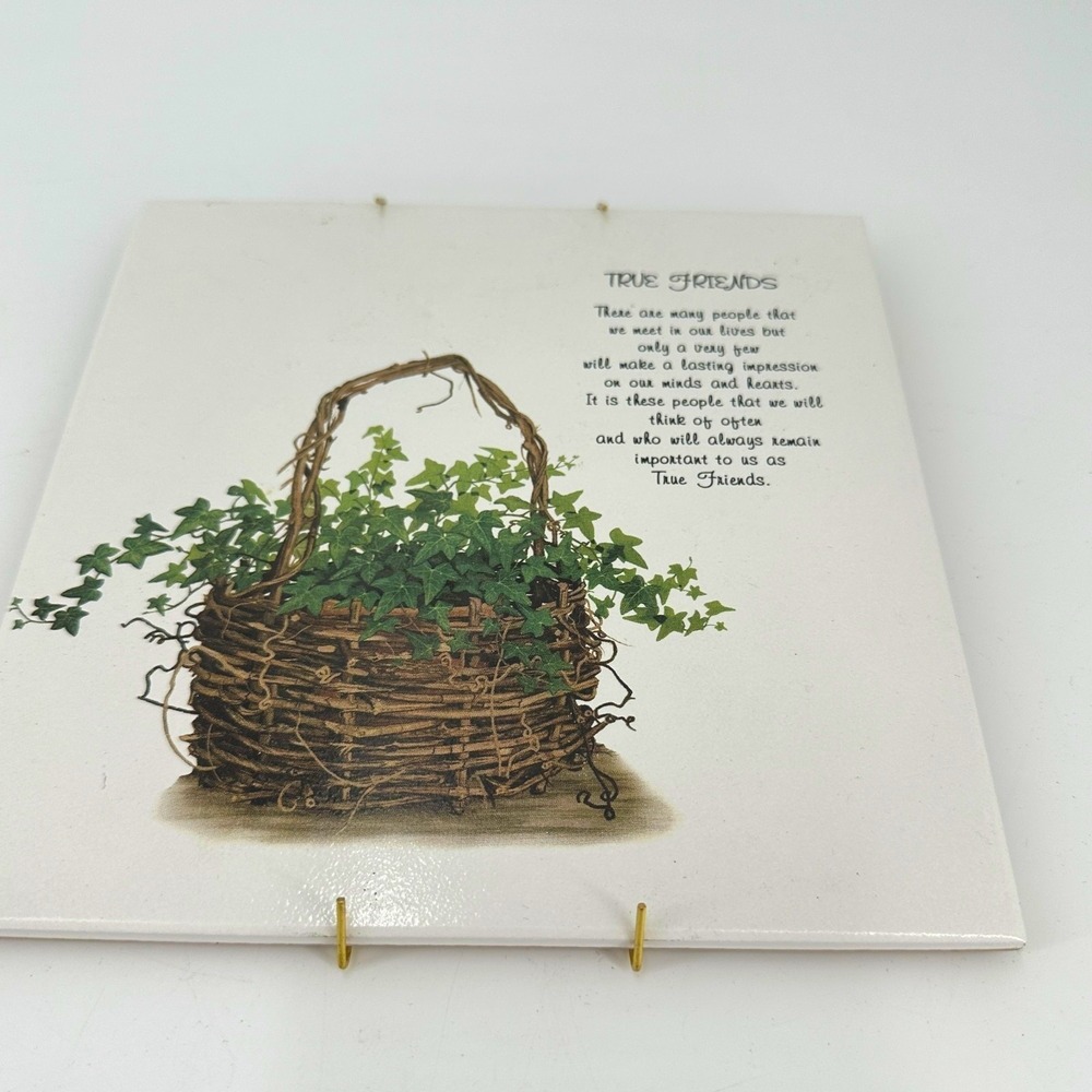 True Friends Ceramic Wall Tile Ivy Basket Sentiment Plaque Cork Back Hanger